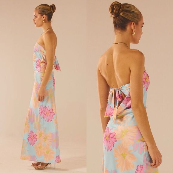BNWT Peppermayo Spring Floral No Service Satin Blue Strapless Maxi Dress Sz 14 - Picture 3 of 12